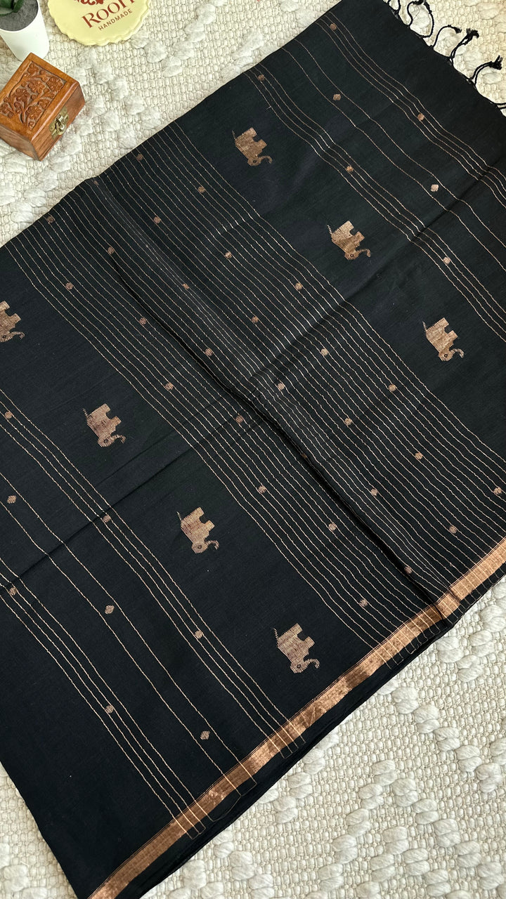 PREMIUM JAMDANI WEAVE HANDWOVEN AND HANDSPUN COTTON SAREE - MIDNIGHT BLACK (AVAILABLE ON PRE-ORDER - DISPATCH TIME IS 30-35 DAYS)