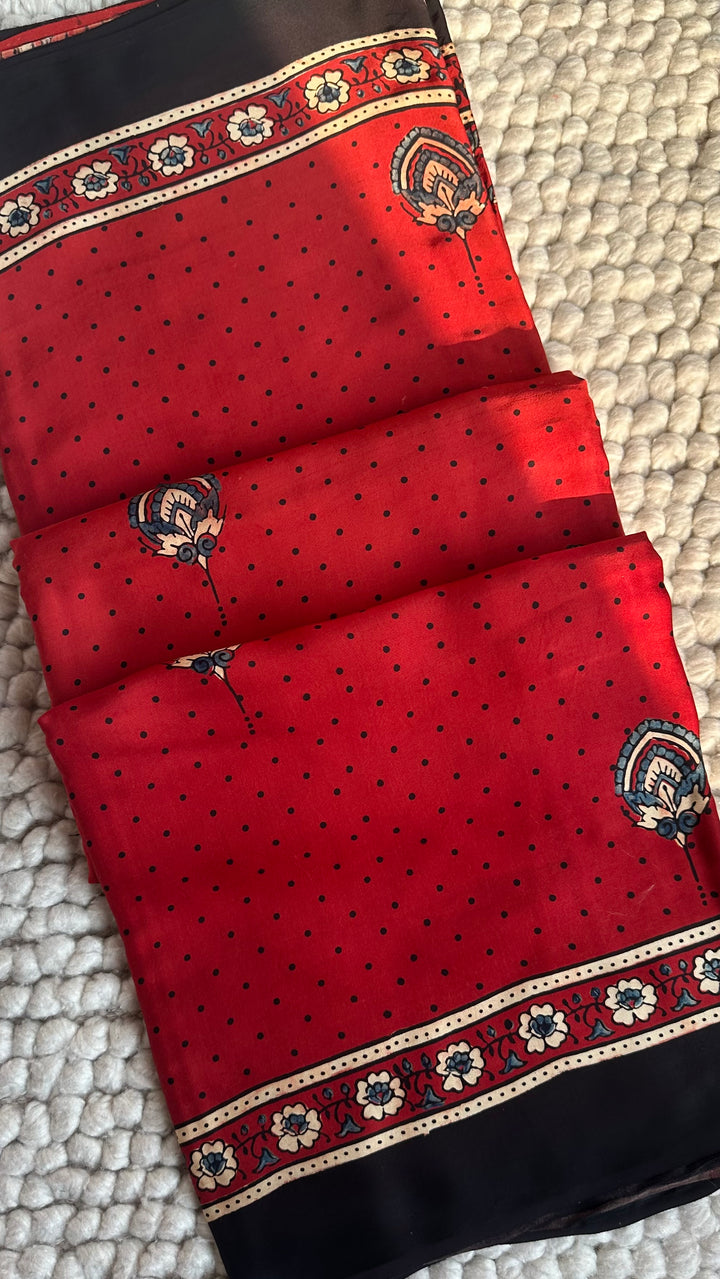 MADDER RED BLOOMS - PREMIUM HALF AND HALF AJRAKH HAND BLOCK PRINTED PREMIUM MODAL SILK SAREE