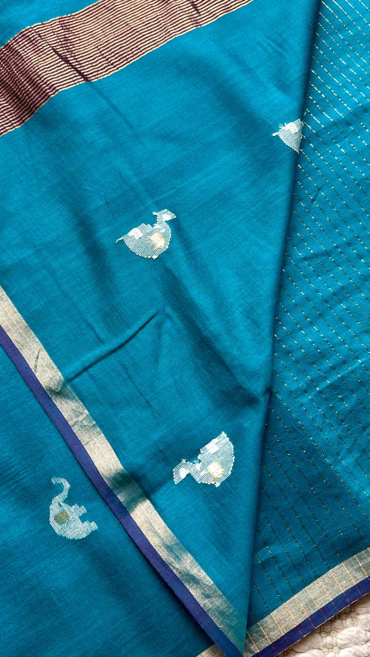 PREMIUM JAMDANI WEAVE HANDWOVEN PURE SILK BY PURE COTTON SAREE - TEAL BLUE