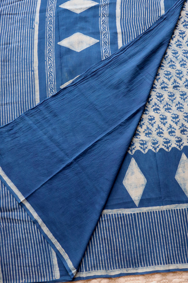 AKOLA INDIGO HAND BLOCK DABU PRINTED SOFT MULMUL COTTON SAREE- 018