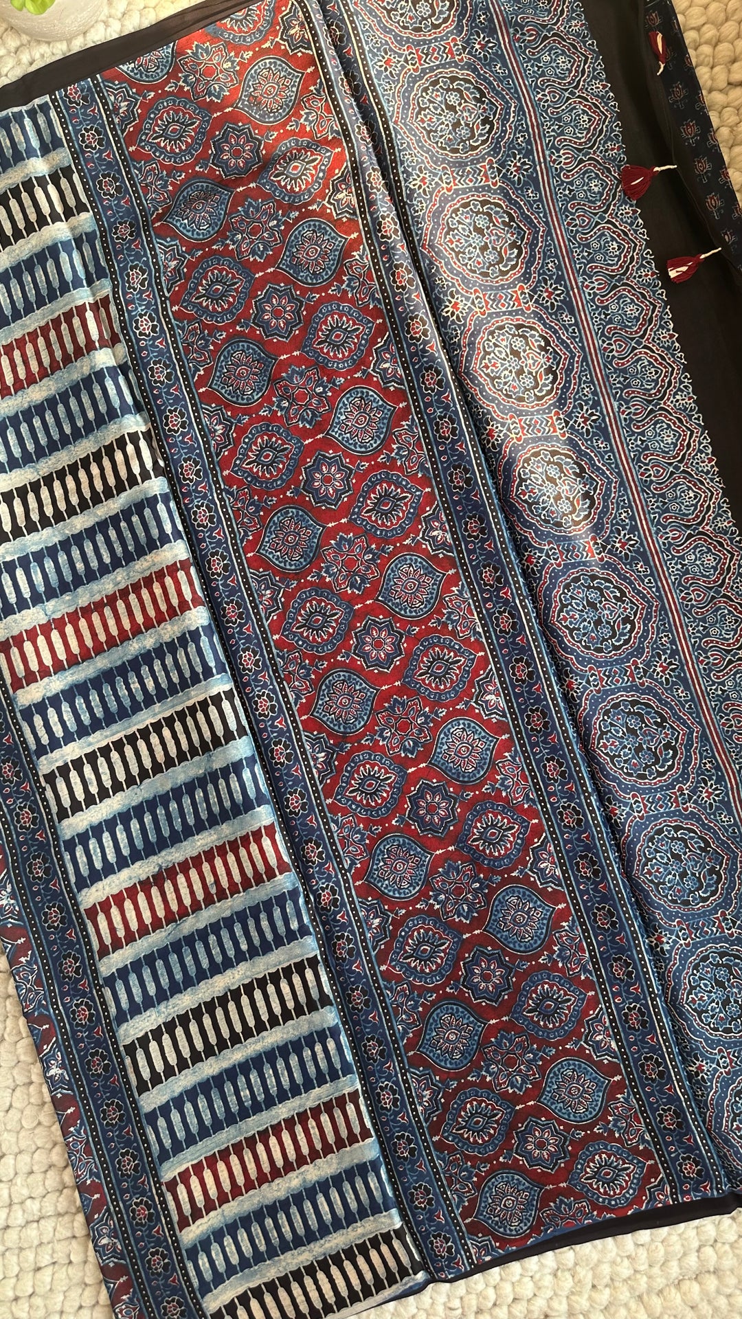 INDIGO BLOOMS - PREMIUM HALF AND HALF AJRAKH HAND BLOCK PRINTED PREMIUM MODAL SILK SAREE