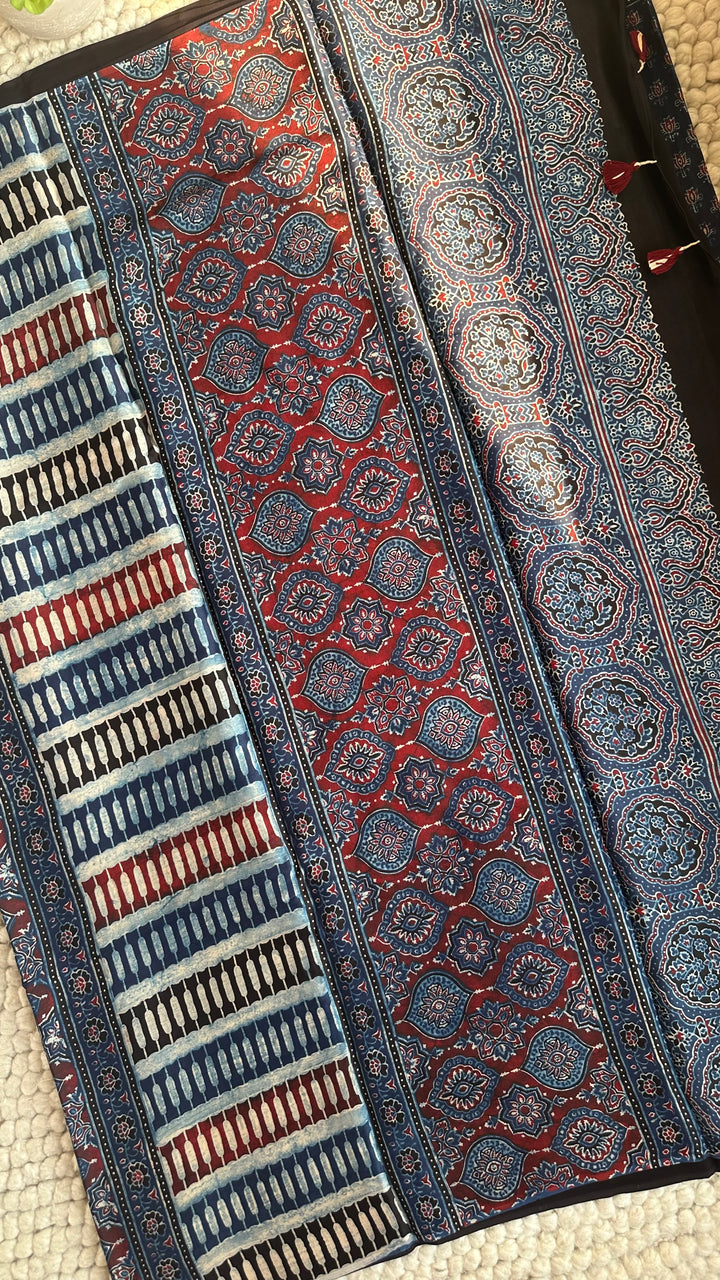 INDIGO BLOOMS - PREMIUM HALF AND HALF AJRAKH HAND BLOCK PRINTED PREMIUM MODAL SILK SAREE