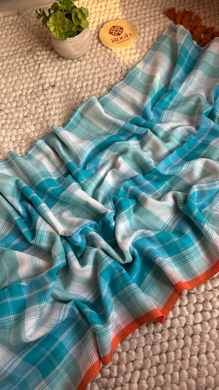 MULTICOLOUR CHECKS PURE SUPER SOFT MULMUL COTTON SAREE - 017