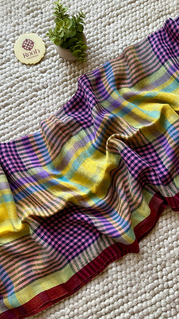 Multi Colour Checked Pure Handwoven Linen Saree - 009