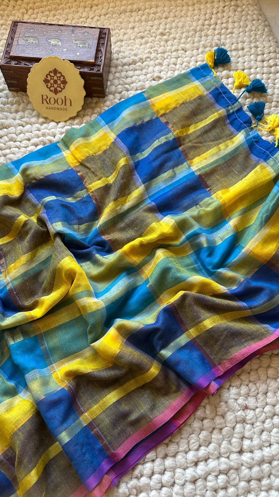 HANDWOVEN MULTICOLOUR ZARI CHECKS PURE MULMUL COTTON SAREE - 07