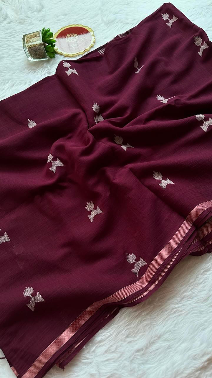 PREMIUM JAMDANI WEAVE HANDWOVEN AND HANDSPUN COTTON SAREE - BURGUNDY WINE