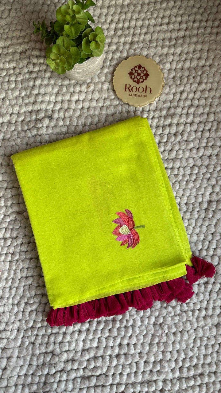 LEMON GREEN - LOTUS EMBROIDERED PURE SUPER SOFT MULMUL COTTON SAREE