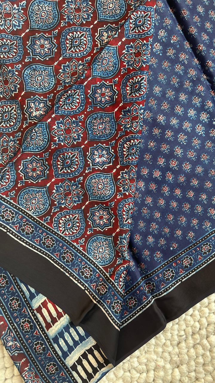 INDIGO BLOOMS - PREMIUM HALF AND HALF AJRAKH HAND BLOCK PRINTED PREMIUM MODAL SILK SAREE