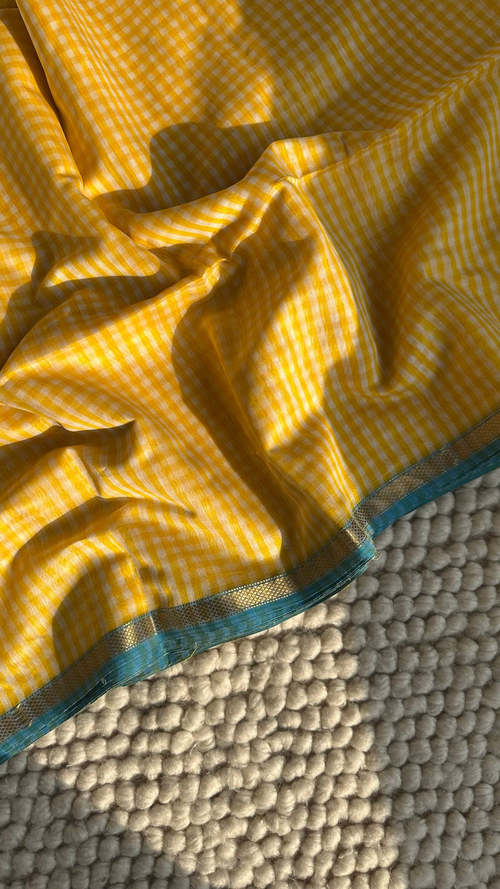 SUNSHINE YELLOW CHECKS - PREMIUM HANDWOVEN MAHESHWARI SILK BY COTTON SAREE (DISPATCH TIME IS 15-20 DAYS)