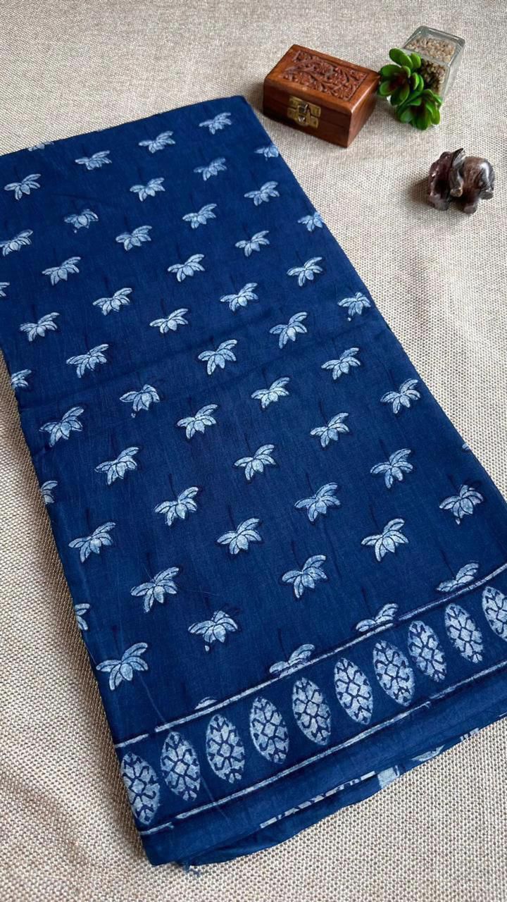 AKOLA INDIGO HAND BLOCK DABU PRINTED SOFT MULMUL COTTON SAREE- 006