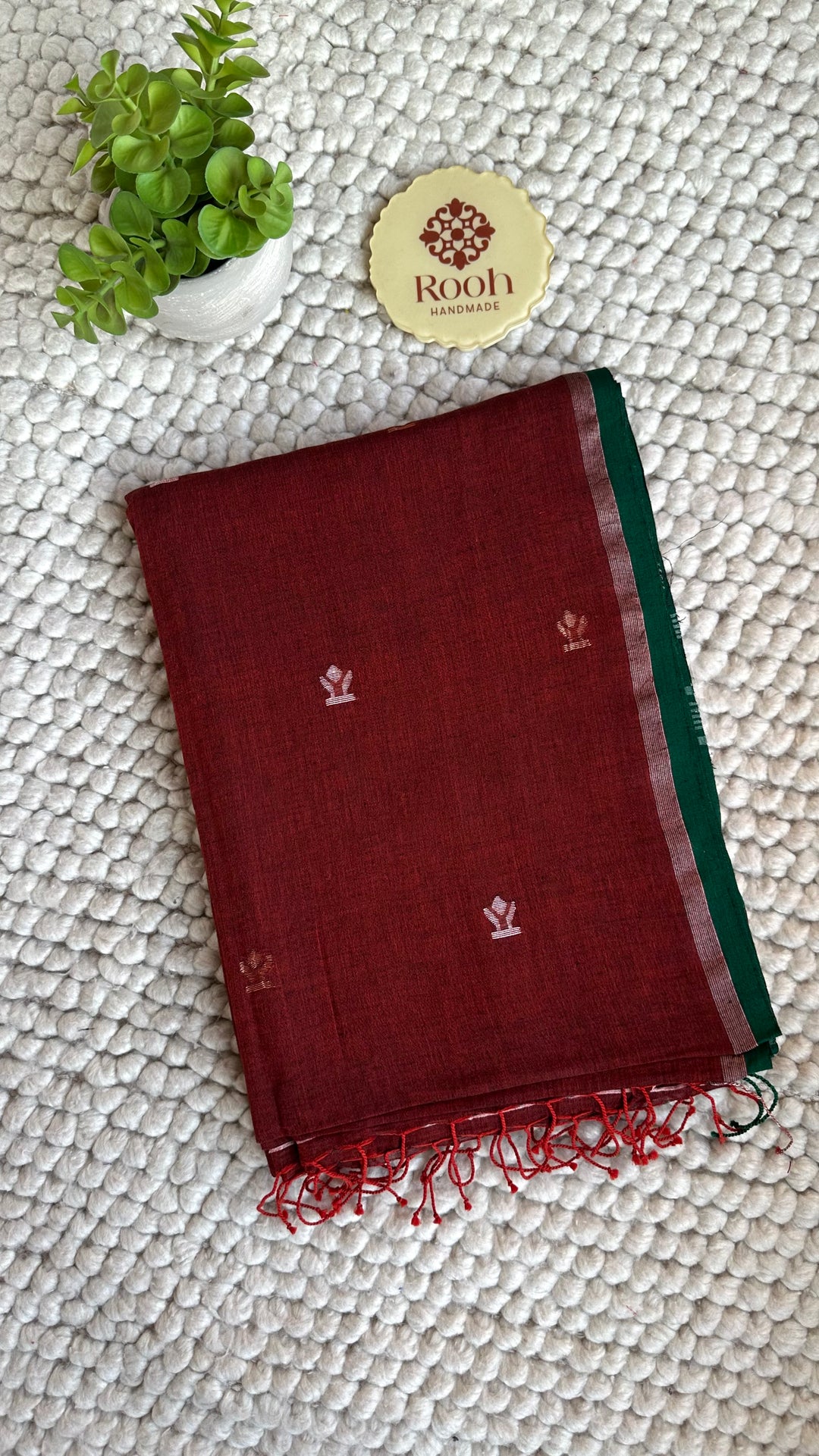 PREMIUM NEEDLE WORK JAMDANI HANDWOVEN AND HANDSPUN COTTON SAREE - RUST BROWN