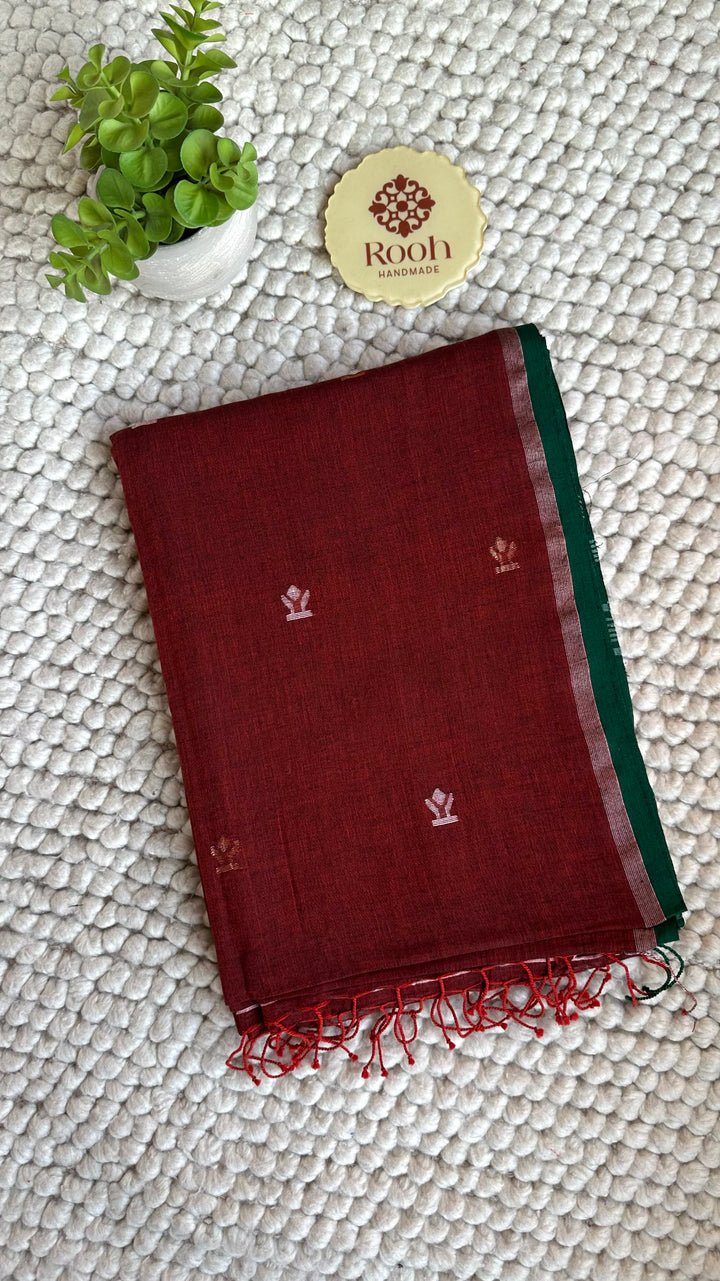 PREMIUM NEEDLE WORK JAMDANI HANDWOVEN AND HANDSPUN COTTON SAREE - RUST BROWN