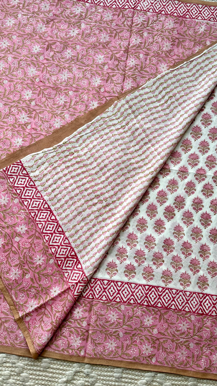 SANGANERI HAND BLOCK PRINTED SOFT MULMUL COTTON SAREE- 016