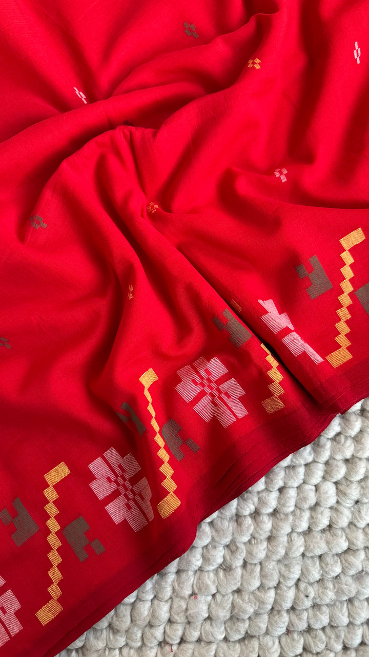 PREMIUM NEEDLE WORK JAMDANI HANDWOVEN COTTON SAREE - CLASSIC RED