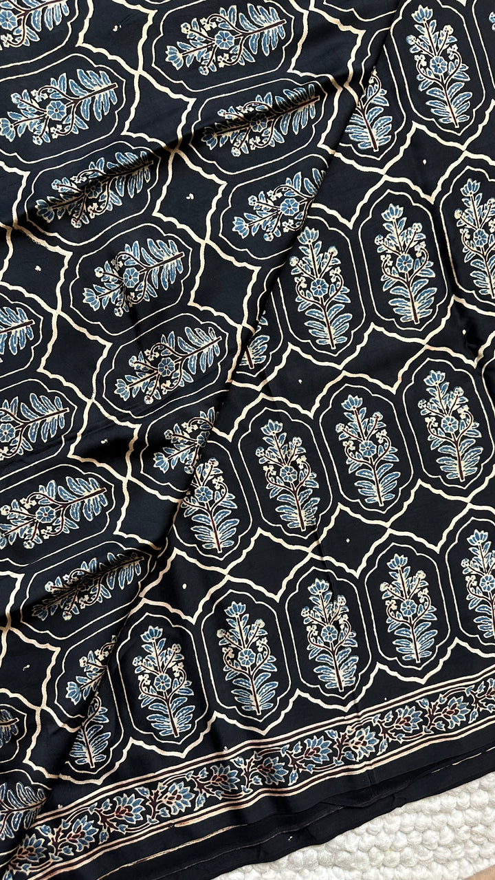 JHAROKHA- MIDNIGHT BLACK AJRAKH HAND BLOCK PRINTED PREMIUM MODAL SILK SAREE