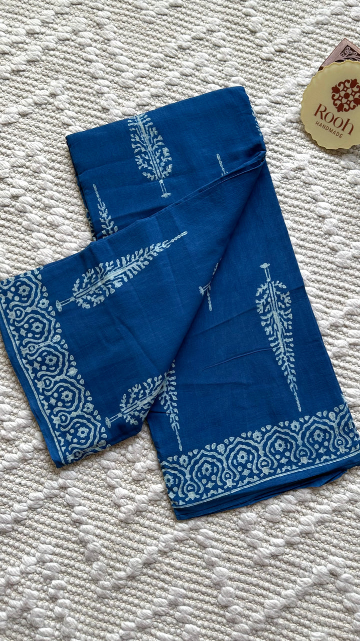 AKOLA INDIGO HAND BLOCK DABU PRINTED SOFT MULMUL COTTON SAREE- 016
