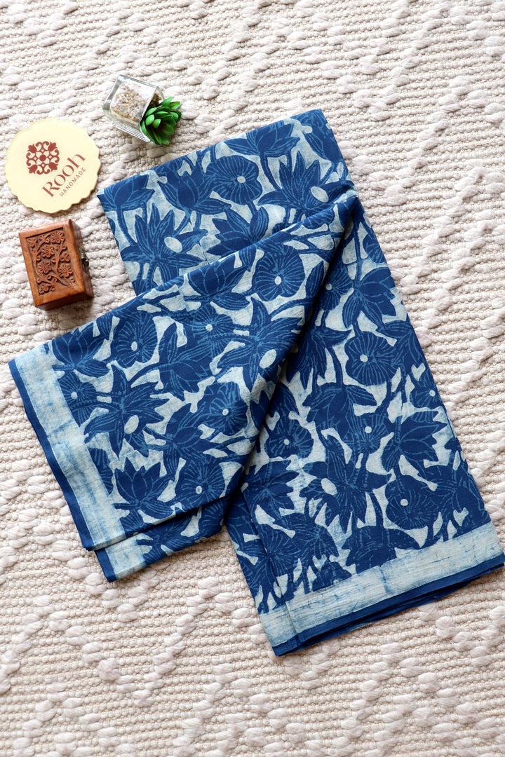 AKOLA INDIGO HAND BLOCK DABU PRINTED SOFT MULMUL COTTON SAREE- 002
