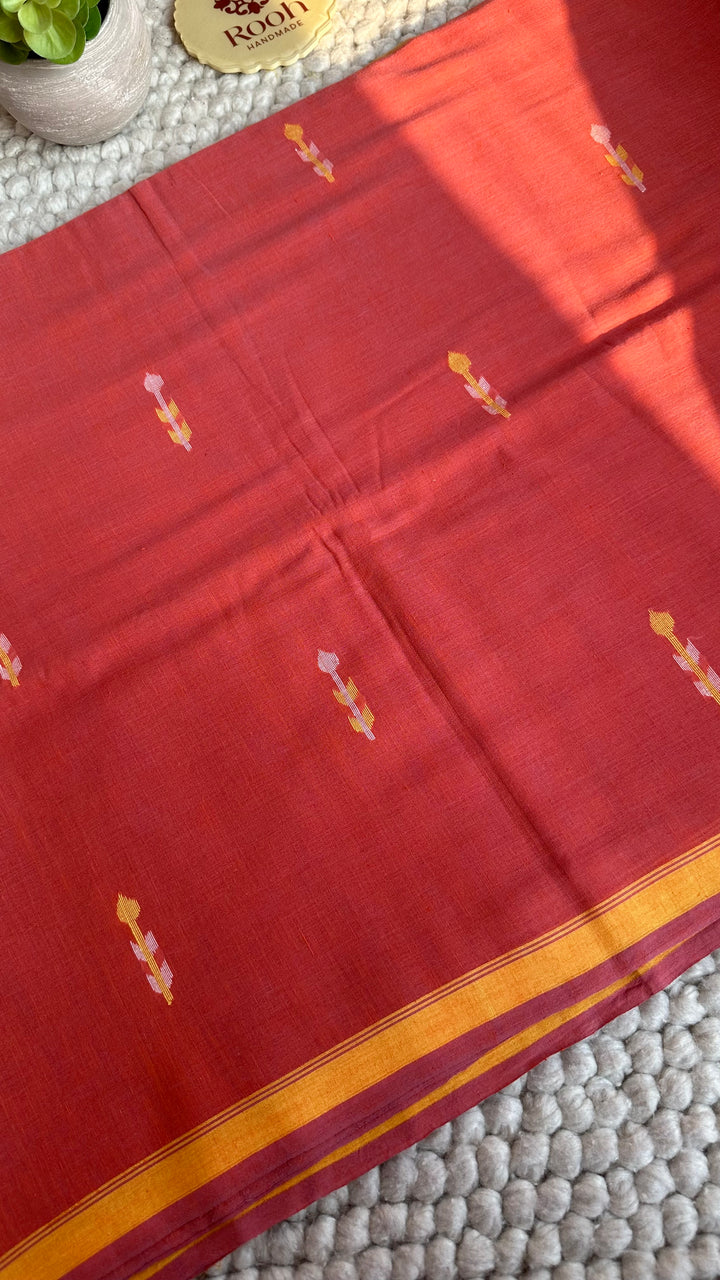 PREMIUM NEEDLE WORK JAMDANI HANDWOVEN AND HANDSPUN COTTON SAREE - PEACHY ORANGE
