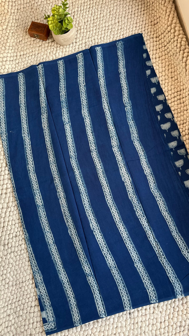 AKOLA INDIGO HAND BLOCK DABU PRINTED SOFT MULMUL COTTON SAREE- 029
