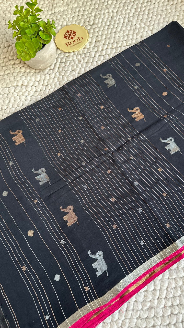 PREMIUM NEEDLE WORK JAMDANI HANDWOVEN AND HANDSPUN COTTON SAREE - CHARCOAL BLACK