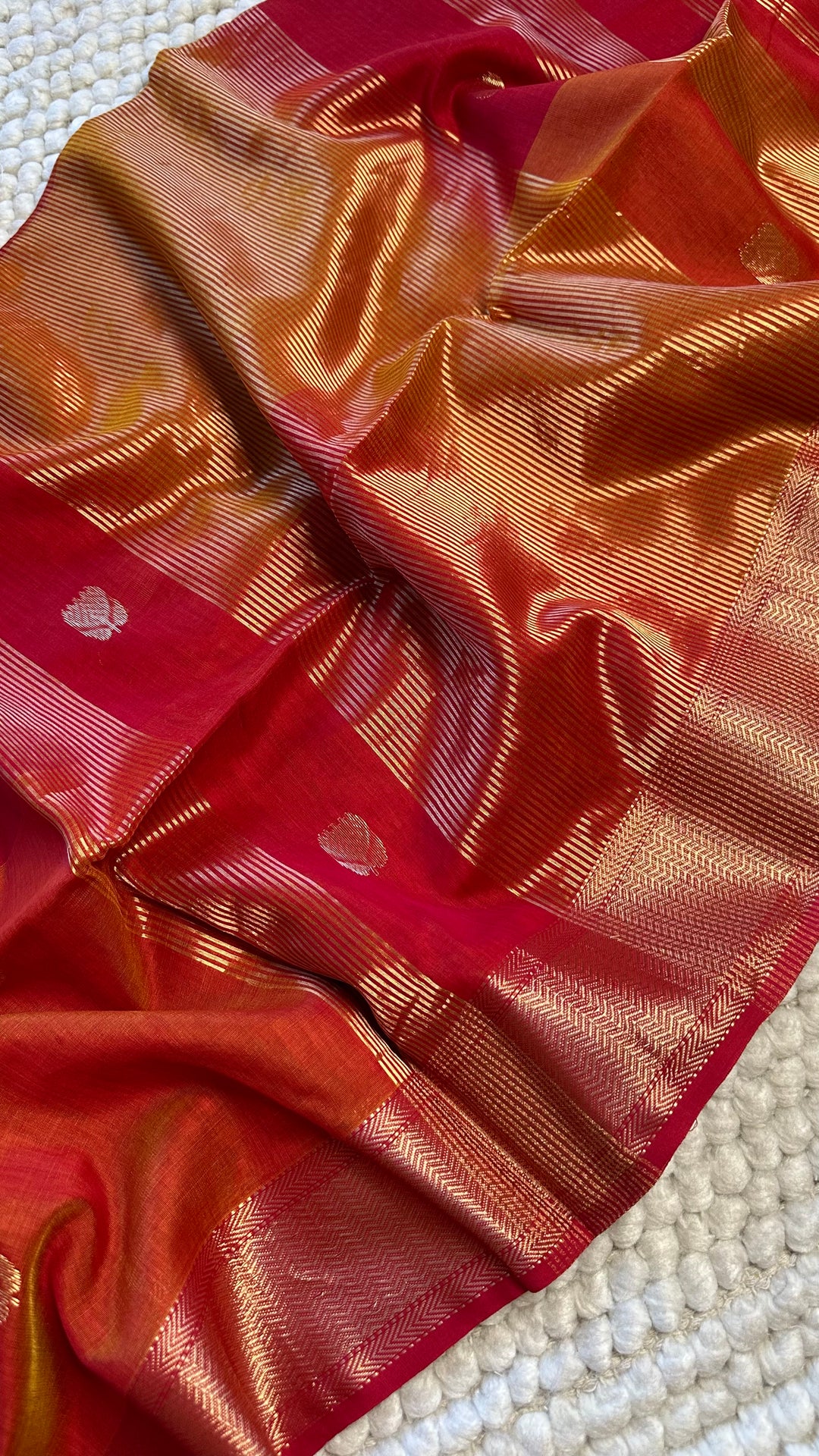 WARM RED & SUNSHINE YELLOW DUAL TONE- PREMIUM HANDWOVEN MAHESHWARI SILK BY COTTON SAREE