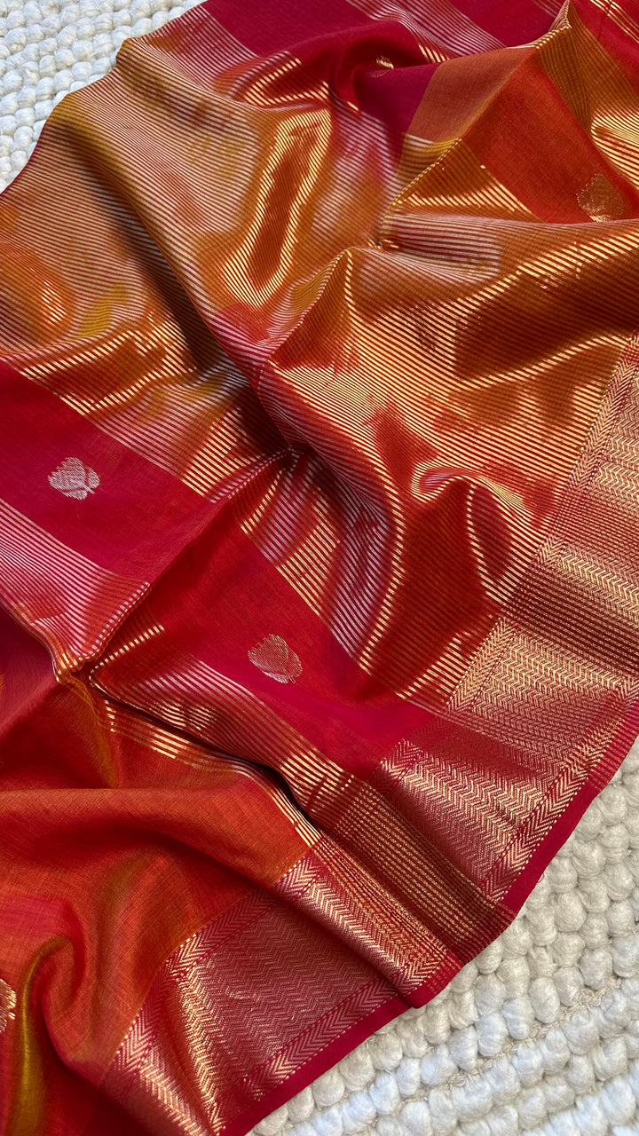 WARM RED & SUNSHINE YELLOW DUAL TONE- PREMIUM HANDWOVEN MAHESHWARI SILK BY COTTON SAREE