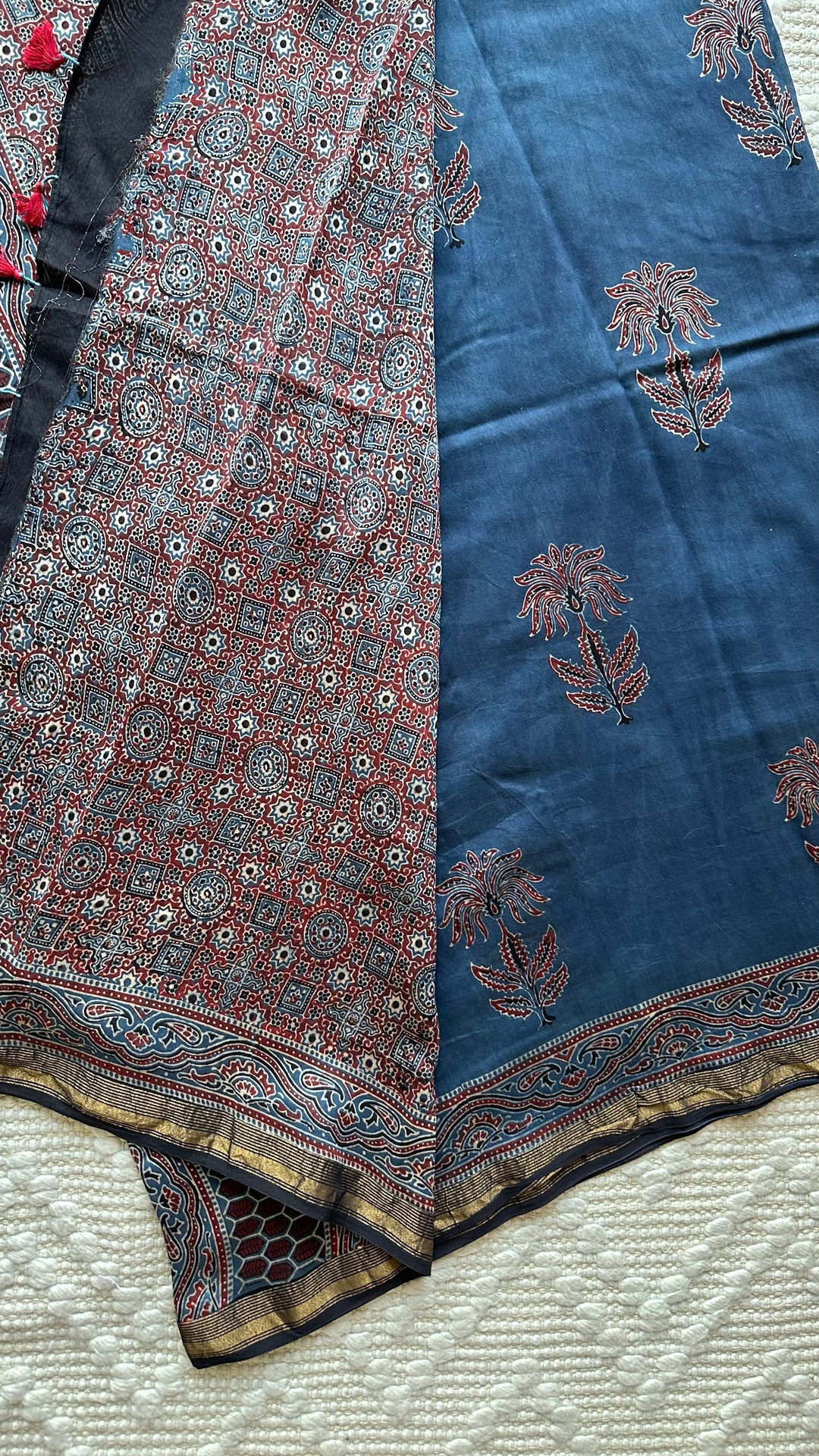 INDIGO BLOSSOMS - AJRAKH HAND BLOCK PRINTED SILK COTTON SAREE