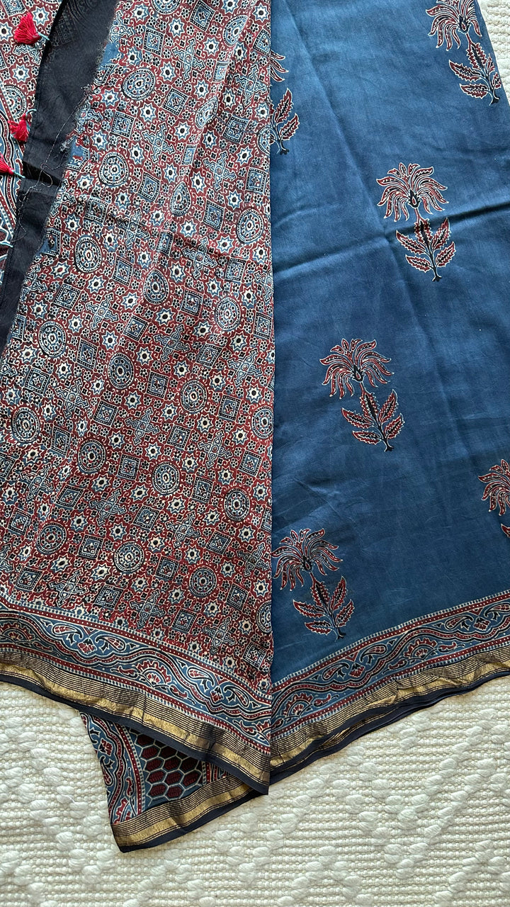 INDIGO BLOSSOMS - AJRAKH HAND BLOCK PRINTED SILK COTTON SAREE
