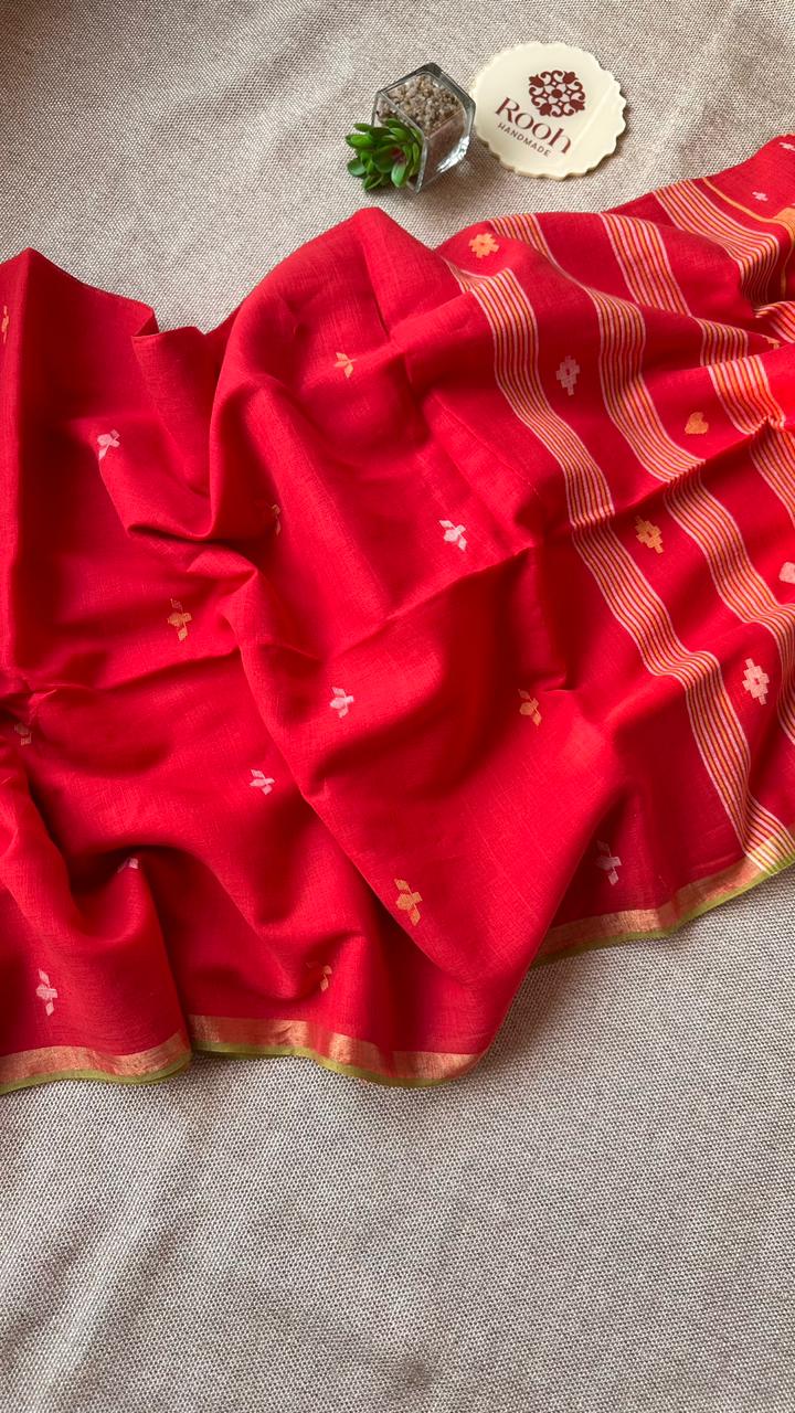 PREMIUM JAMDANI WEAVE HANDWOVEN AND HANDSPUN COTTON SAREE - VERMILLION RED (AVAILABLE ON PRE ORDER - DISPATCH TIME IS 30 TO 40 DAYS)