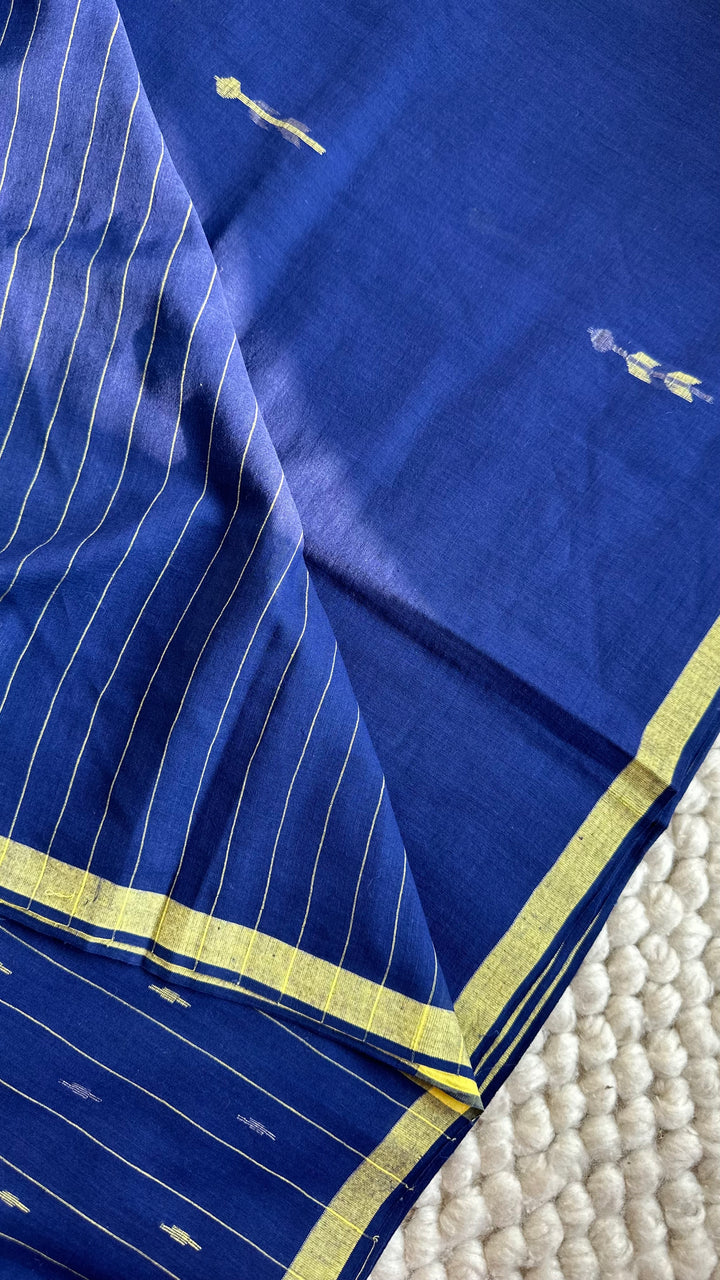PREMIUM JAMDANI WEAVE HANDWOVEN AND HANDSPUN COTTON SAREE - SAPPHIRE BLUE