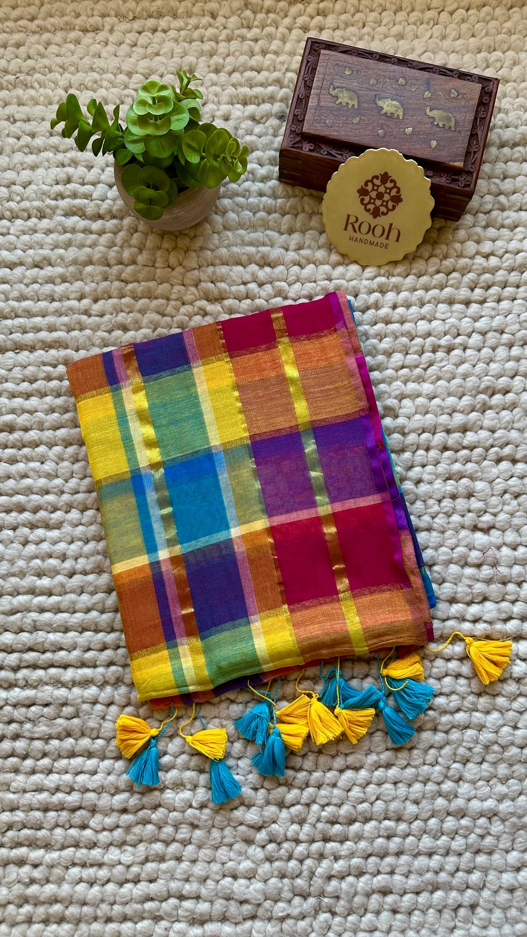 HANDWOVEN MULTICOLOUR ZARI CHECKS PURE MULMUL COTTON SAREE - 09
