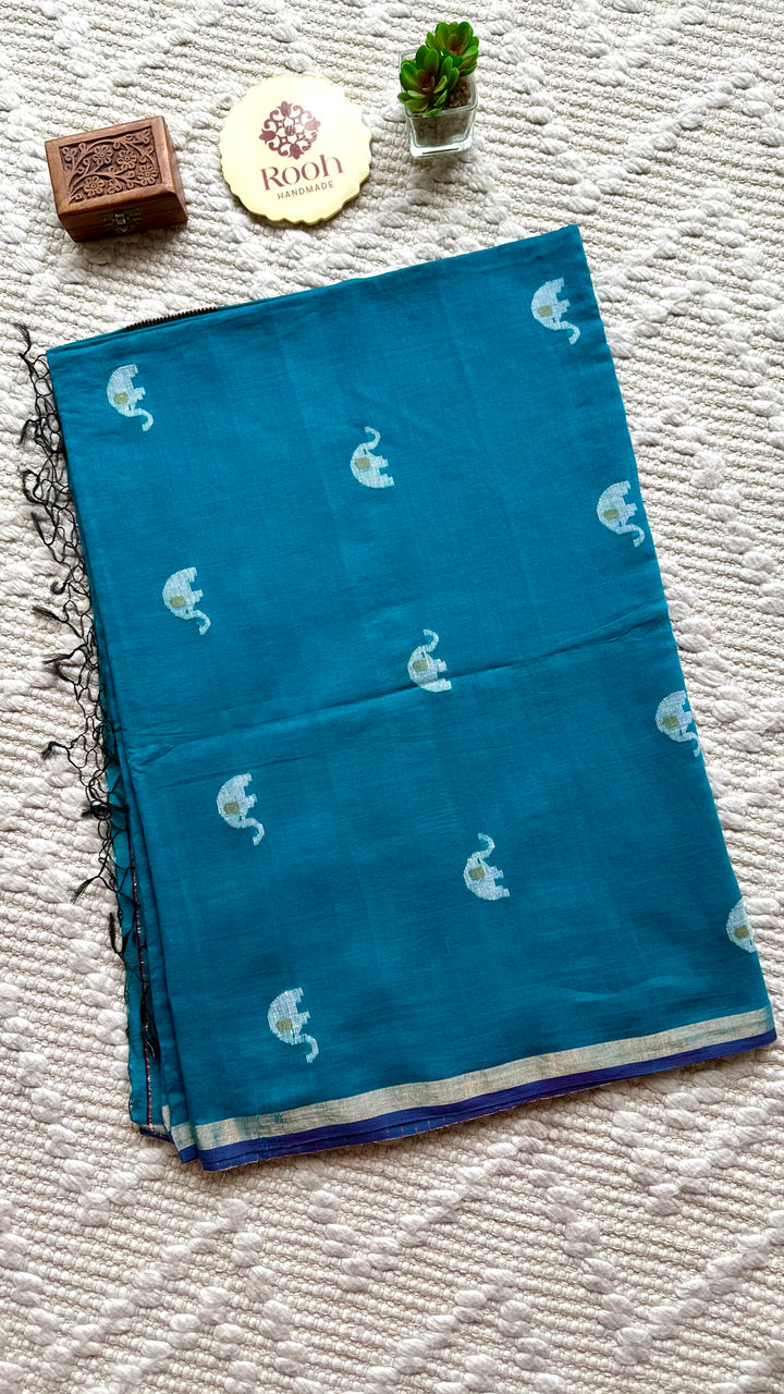 PREMIUM JAMDANI WEAVE HANDWOVEN PURE SILK BY PURE COTTON SAREE - TEAL BLUE