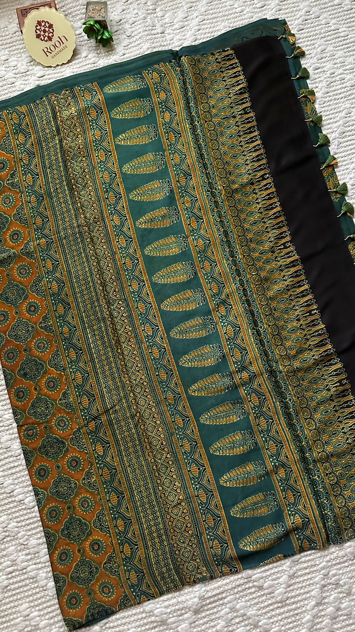 MAHIKA - DEEP GREEN PREMIUM AJRAKH HAND BLOCK PRINTED MODAL SILK SAREE