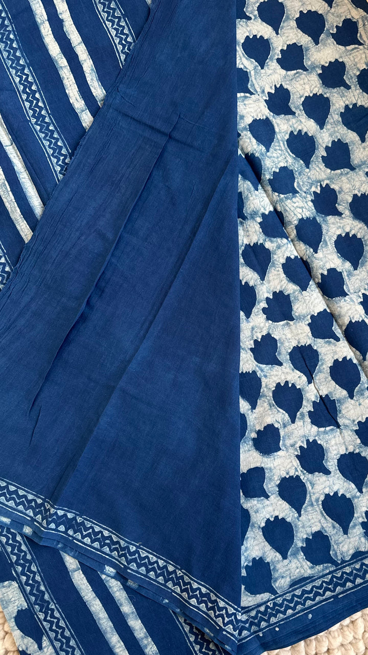 AKOLA INDIGO HAND BLOCK DABU PRINTED SOFT MULMUL COTTON SAREE- 028