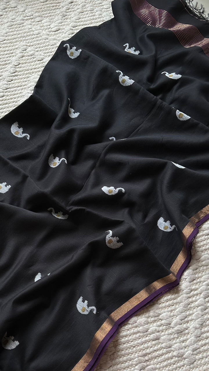 PREMIUM JAMDANI WEAVE HANDWOVEN PURE SILK BY PURE COTTON SAREE - OXFORD BLACK