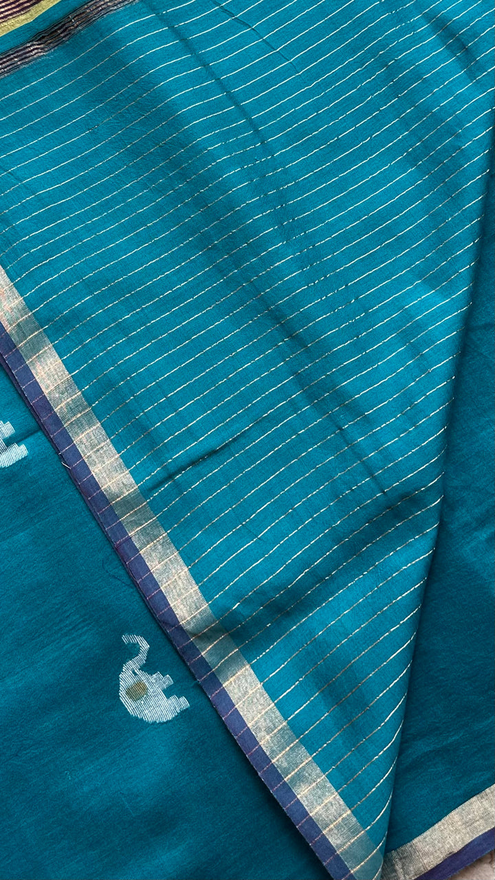 PREMIUM JAMDANI WEAVE HANDWOVEN PURE SILK BY PURE COTTON SAREE - TEAL BLUE