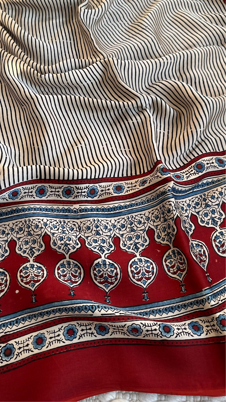 THE CLASSIC STRIPES - AJRAKH HAND BLOCK PRINTED MODAL SILK SAREE