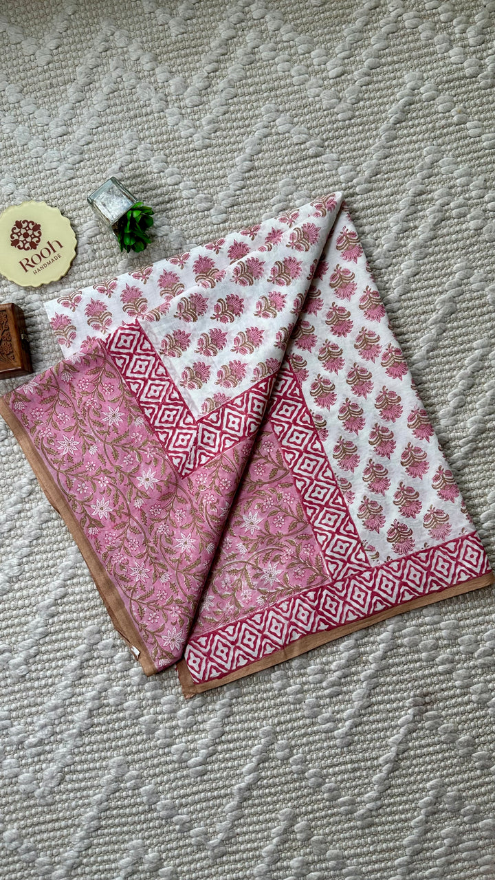 SANGANERI HAND BLOCK PRINTED SOFT MULMUL COTTON SAREE- 016