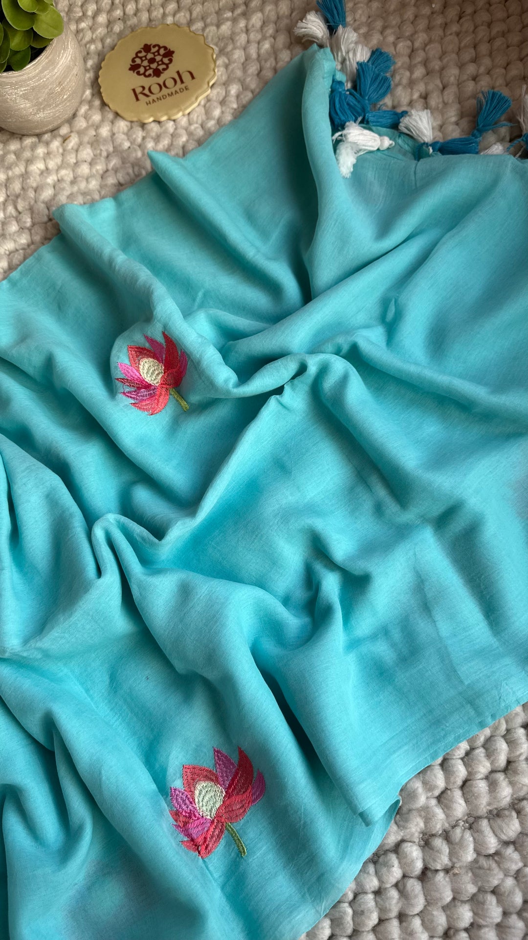 SKY BLUE - LOTUS EMBROIDERED PURE SUPER SOFT MULMUL COTTON SAREE