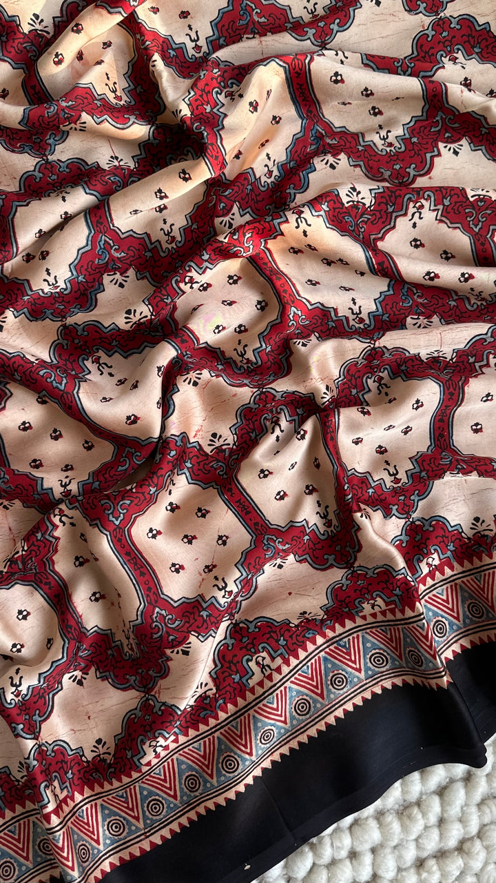 IVORY PANES - AJRAKH HAND BLOCK PRINTED PREMIUM MODAL SILK SAREE