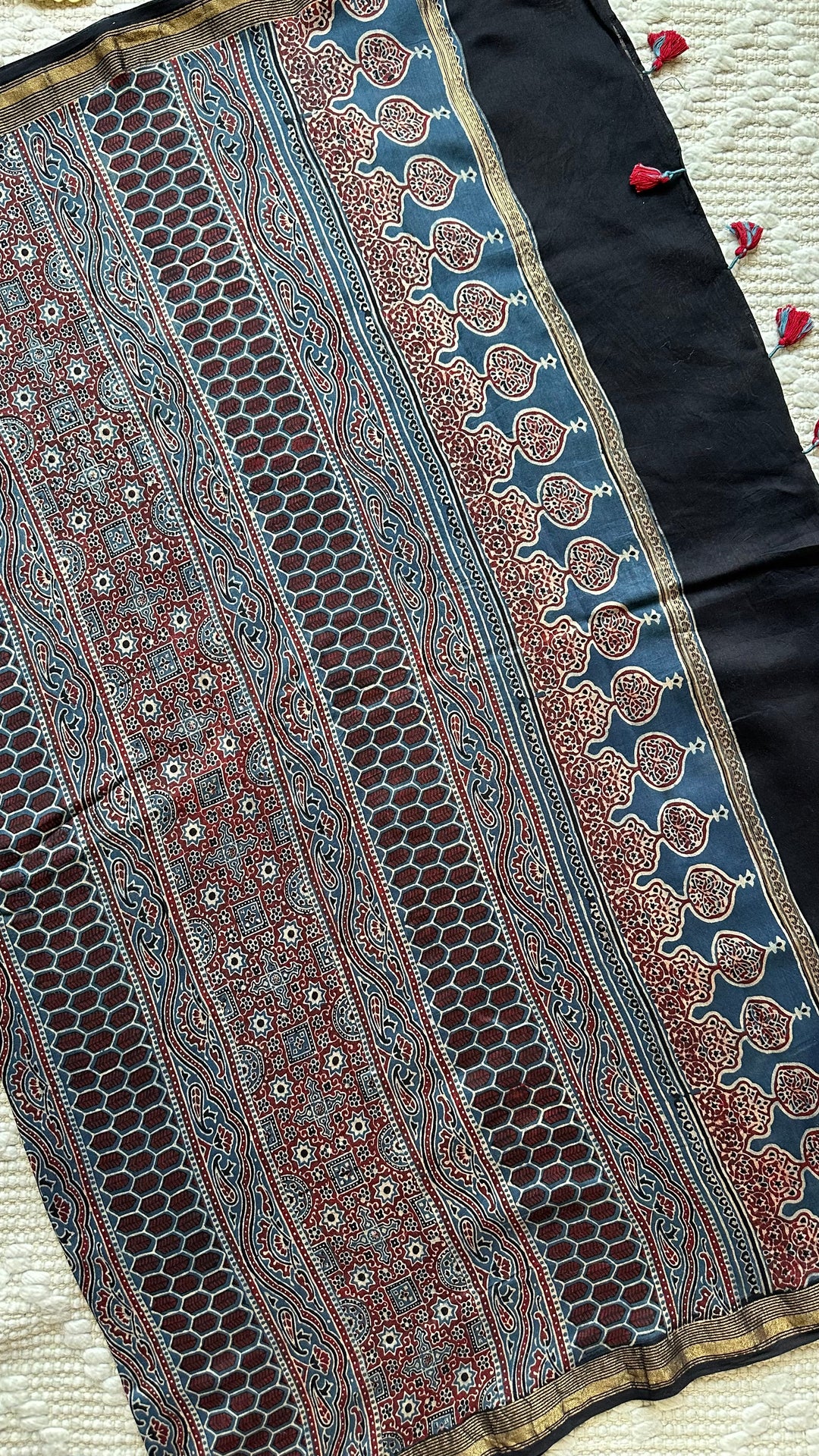INDIGO BLOSSOMS - AJRAKH HAND BLOCK PRINTED SILK COTTON SAREE