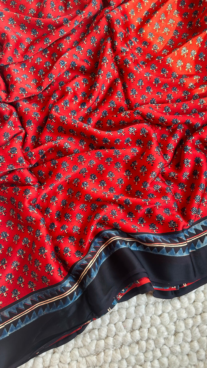LOTUS ON MADDER RED - PREMIUM AJRAKH HAND BLOCK PRINTED PREMIUM MODAL SILK SAREE