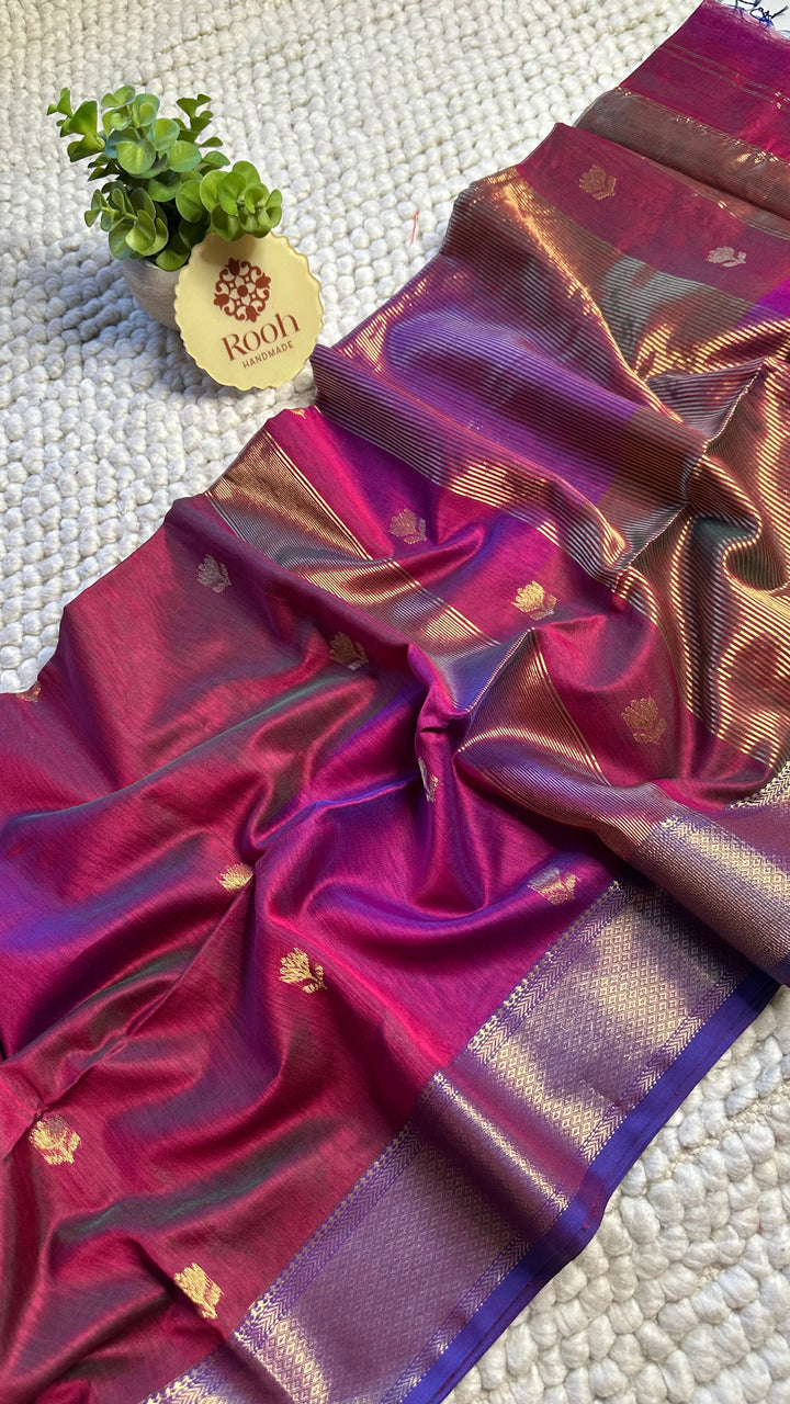 MAGENTA AND BLUE DUAL TONE- PREMIUM HANDWOVEN MAHESHWARI SILK BY COTTON SAREE (DISPATCH IN 7-10 DAYS)