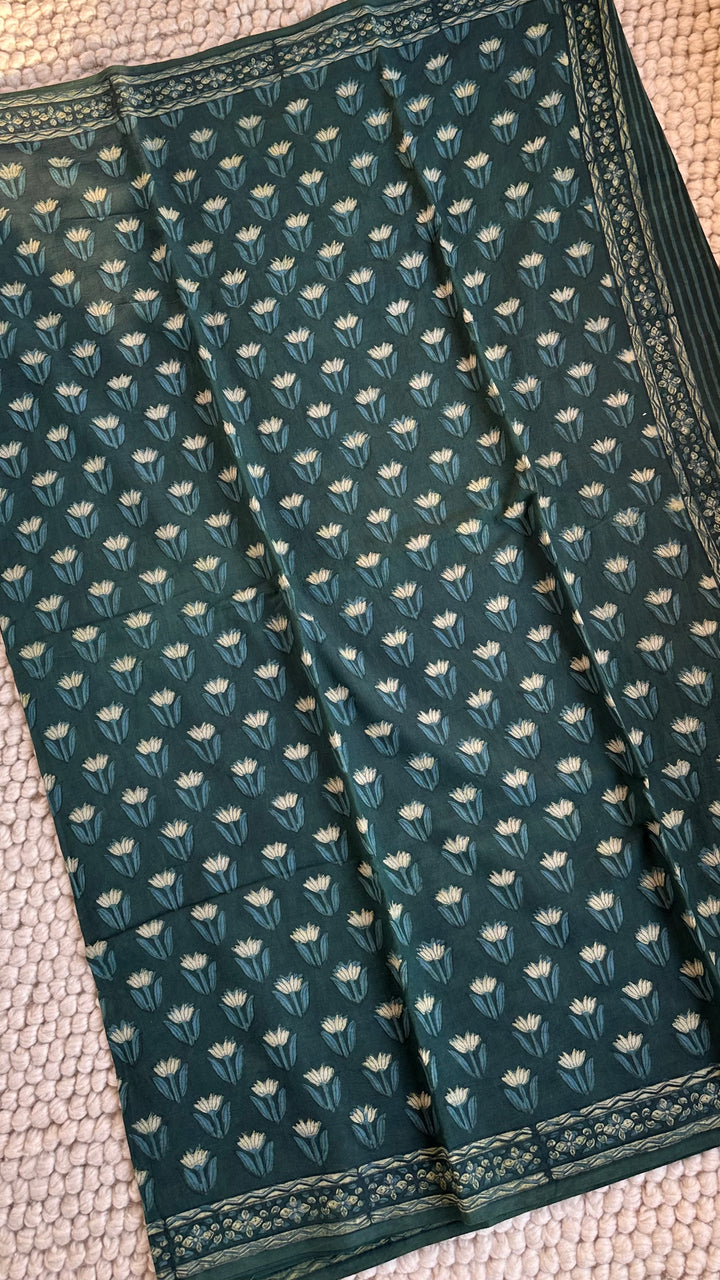 AKOLA INDIGO GREEN HAND BLOCK DABU PRINTED SOFT MULMUL COTTON SAREE- 032