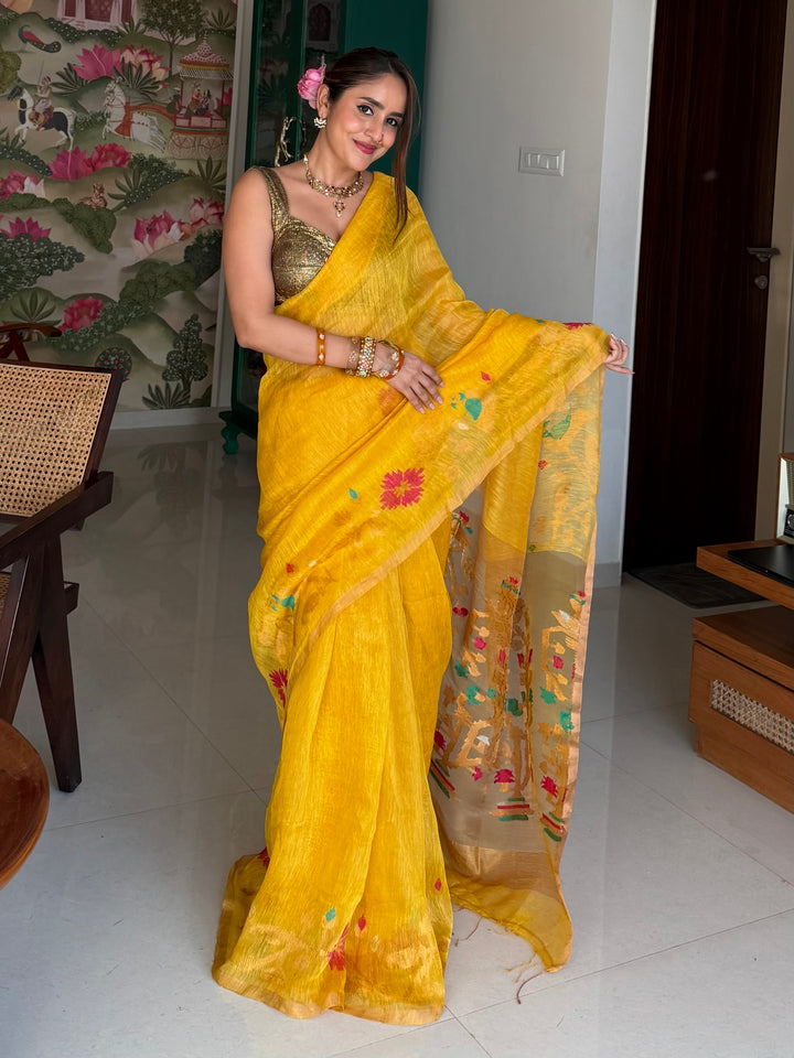 SUPER PREMIUM HANDWOVEN JAYASHREE LINEN BY TISSUE SILK NEEDLE-WORK JAMDANI SAREE - MUSTARD YELLOW