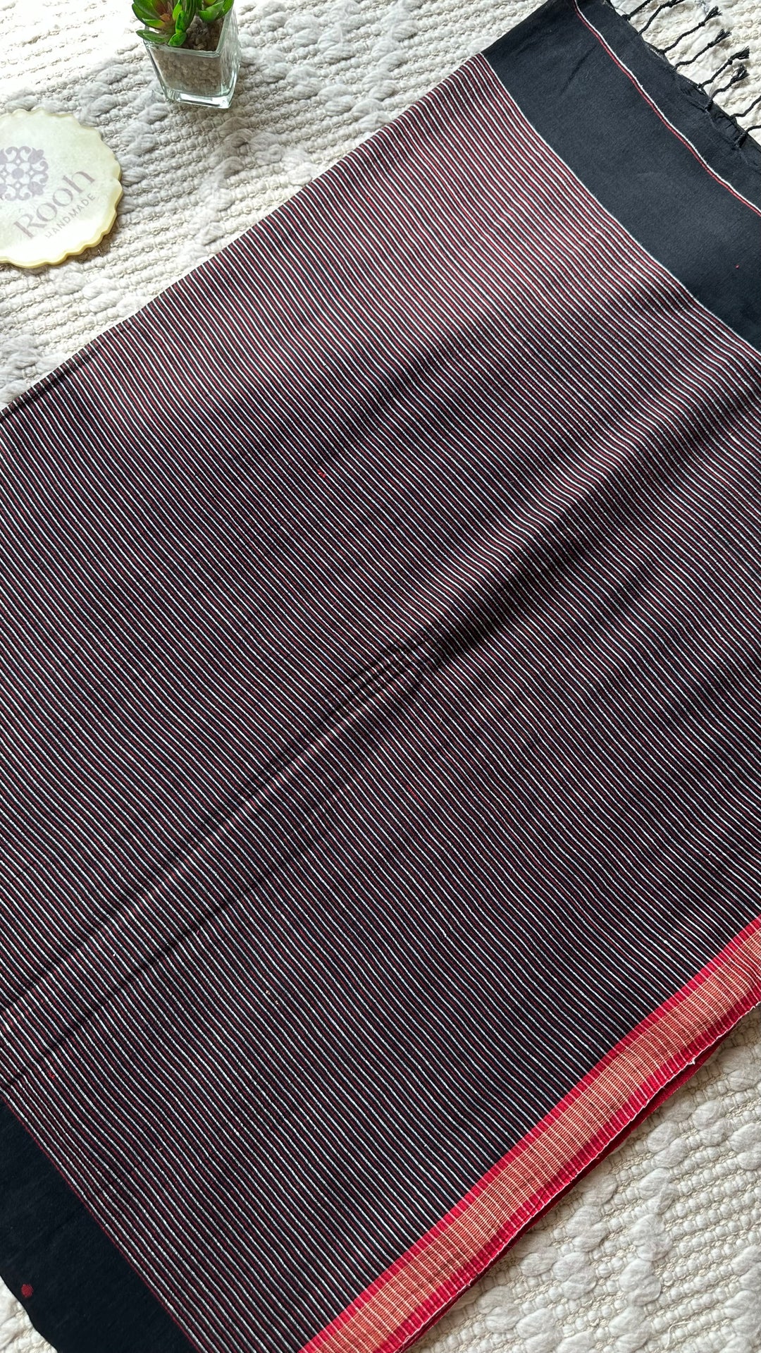 PREMIUM JAMDANI WEAVE HANDWOVEN AND HANDSPUN COTTON SAREE -  POLKA DOTS ON MIDNIGHT BLACK