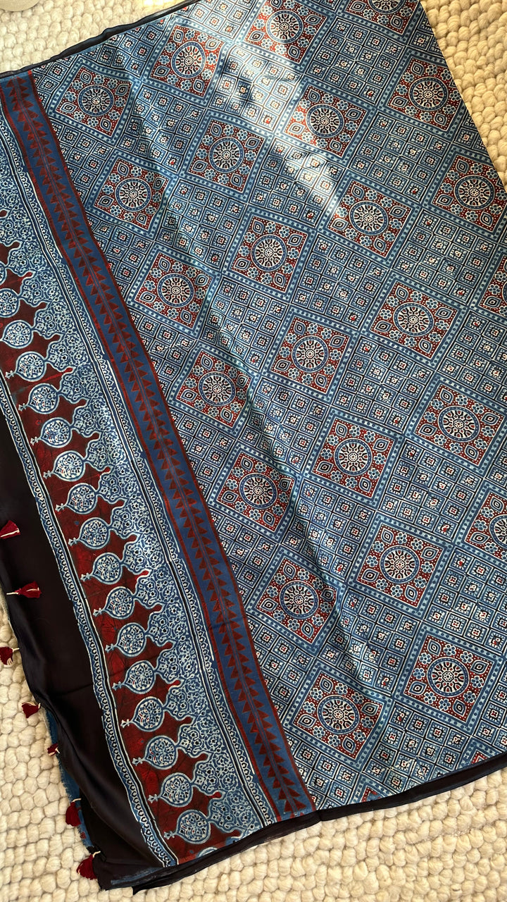 MARBLE INDIGO CHARMS  - AJRAKH HAND BLOCK PRINTED PREMIUM MODAL SILK SAREE
