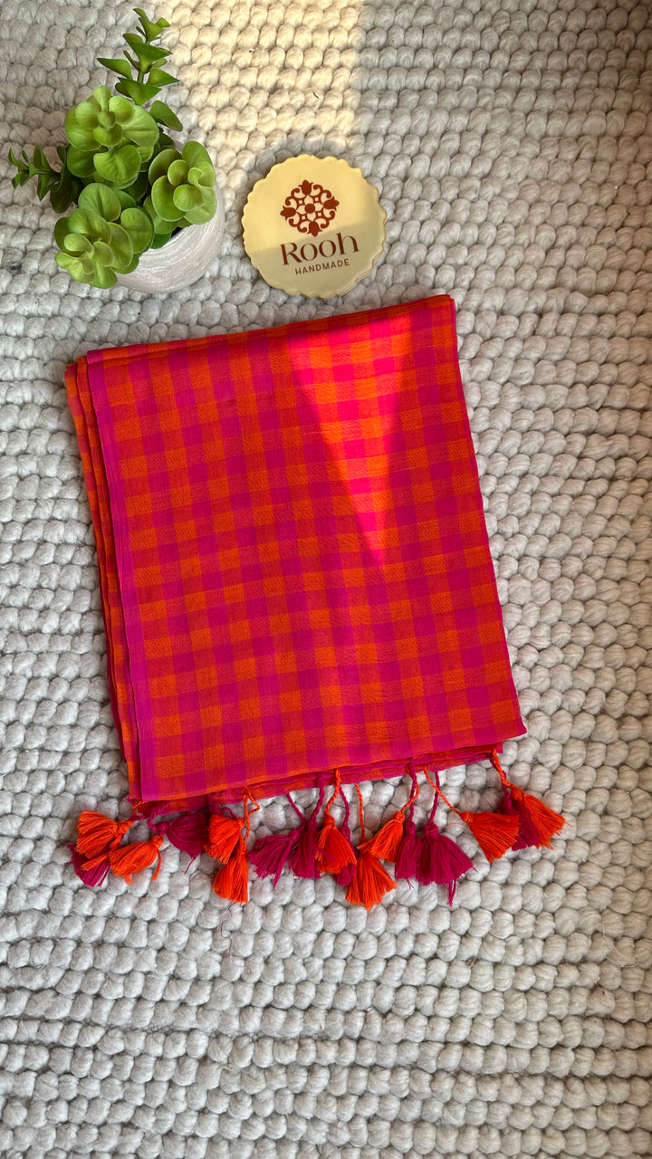 MULTICOLOUR CHECKS PURE SUPER SOFT MULMUL COTTON SAREE - 016