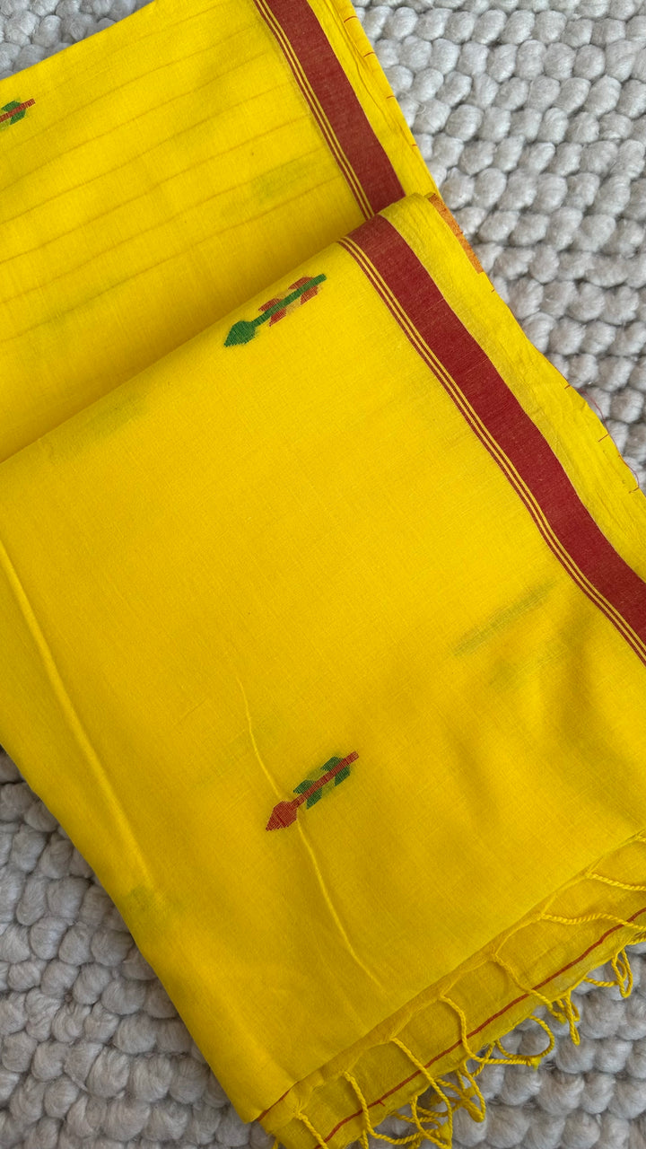 PREMIUM NEEDLE WORK JAMDANI HANDWOVEN AND HANDSPUN COTTON SAREE - MUSTARD YELLOW