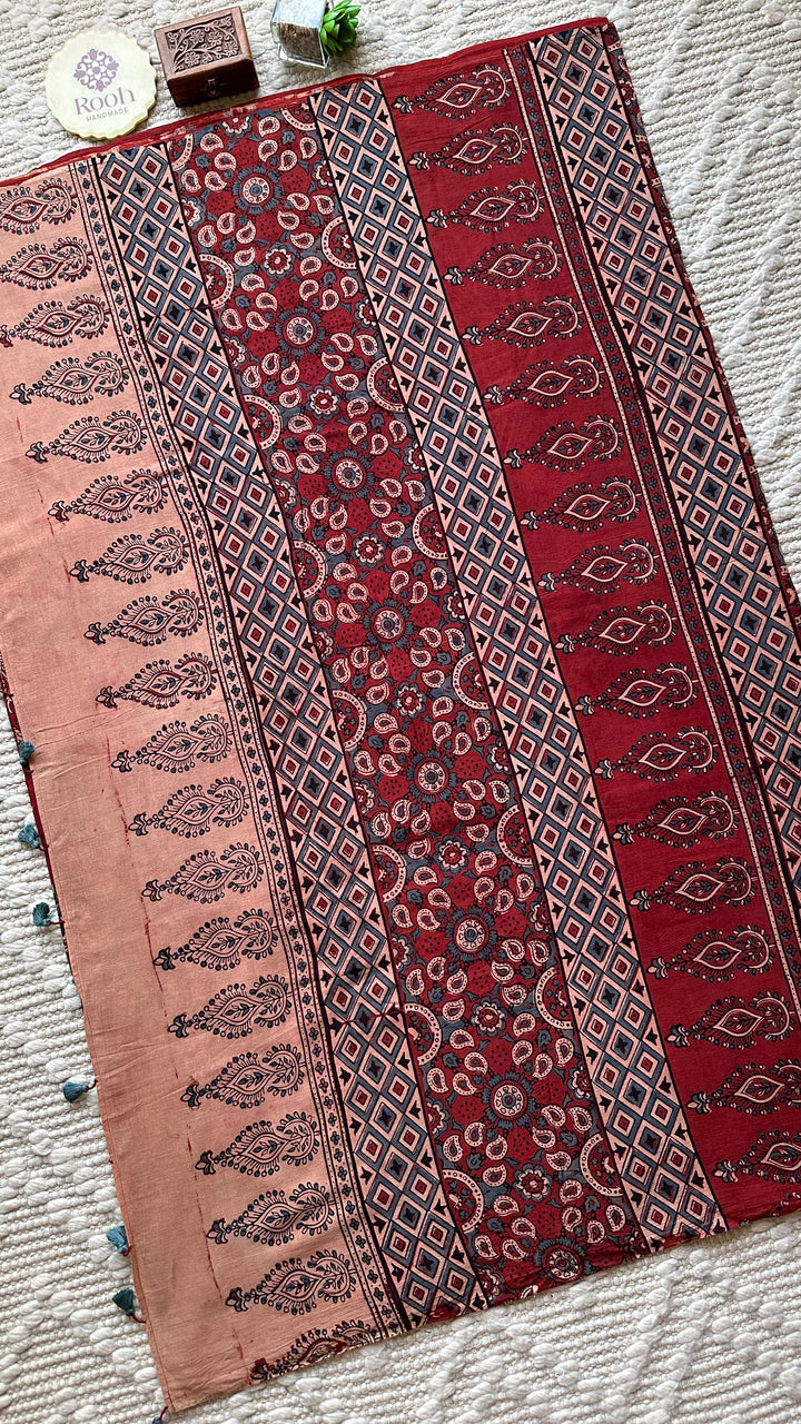 PREMIUM AJRAKH HAND BLOCK PRINTED PURE SOFT COTTON SAREE- 001
